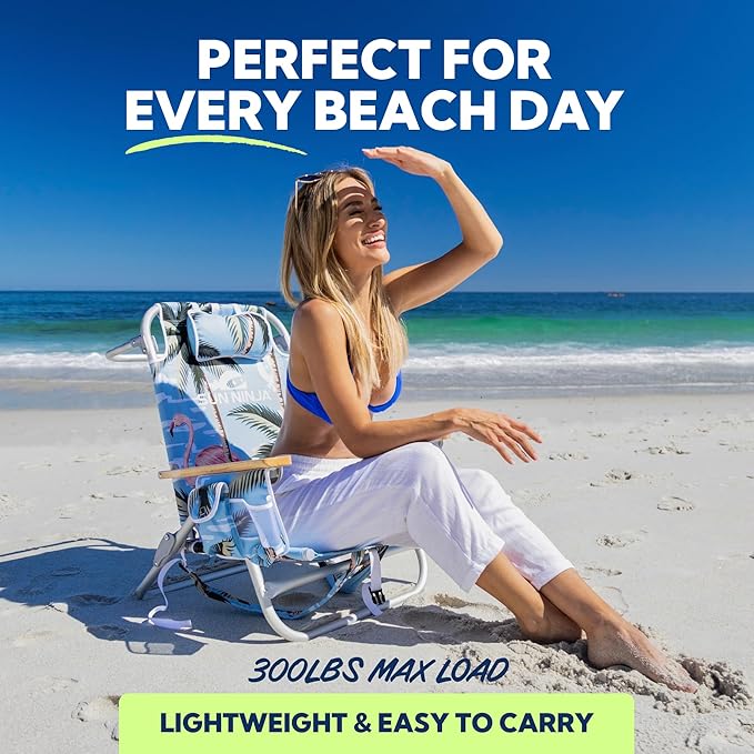 SUN NINJA Beach Chair – Folding Chair for Beach with 5 Reclining Positions Cup &amp Phone Holder Insulated Back Storage Pouch Portable Lightweight Aluminum Frame - Flamingo 2pc