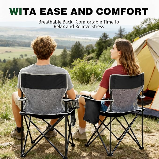 Portable Outdoor Folding Chair with Cup Holder &amp Cooler Bag - Breathable Mesh Wide Armrests Ergonomic Design for Camping Beach Backyard - Includes Storage Bag &amp Bottle Opener (Black/Green/