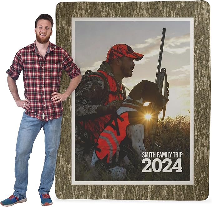 Mossy Oak Graphics Personalized Sherpa Blanket – Custom Photo &amp Text Blanket with Camo Border Hunting or Outdoorsman Gift - Mossy Oak Bottomland Pattern 60x80 1 Sided Printing