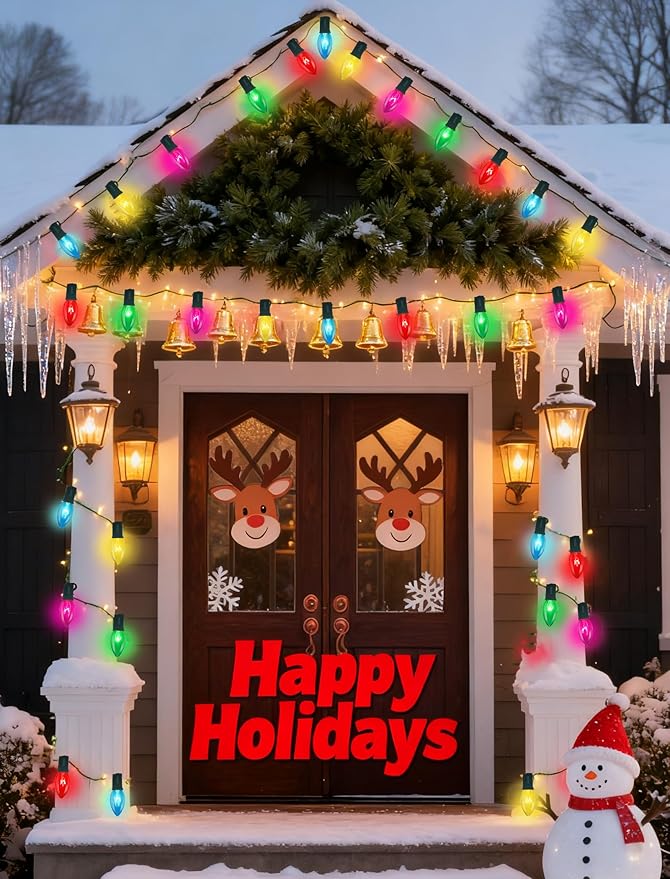 C9 Multicolor Christmas Lights 25Ft Transparent Multicolor String Lights with 26 Clear Glass Bulbs (1 Spare) Hanging Vintage Christmas Lights String for Indoor Outdoor Christmas Tree Garden Party