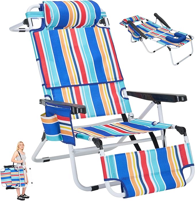 3 N 1 Beach Chair w/ Face Cushion &amp Arm Holes Lightweight Lawn Reclining Lounge Chair w/ Adjustable Backrest &amp Footrest5 Position Folding Chair for Outdoor Patio Backyard 440lb Weight Capa