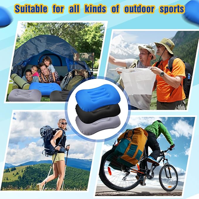 Yulejo 3 Pcs Inflatable Camping Travel Pillow Ultralight Inflating Pillows Lightweight Portable Backpacking Pillow for Neck Lumbar Support Camp Hiking Sleeping(Dark Gray Black Dark Blue)