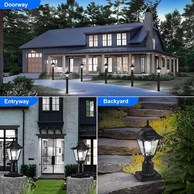 2 Pack Solar Post Lights with Pier Mount Base 6000K Motion Sensor Solar Lamp Post Light Waterproof Outdoor Post Lantern for Garden Patio Outside Pole Pillar (Cool White)