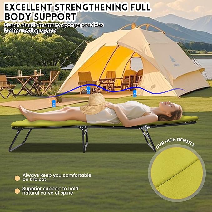 Camping Cot Outdoor Folding Cot Bed with Pad and Pillow for Adults Heavy Duty Sleeping Cot Portable Camp Cots for Camping Tent Travel Office 1200 D Layer Oxford Travel Camp Cots (Green)