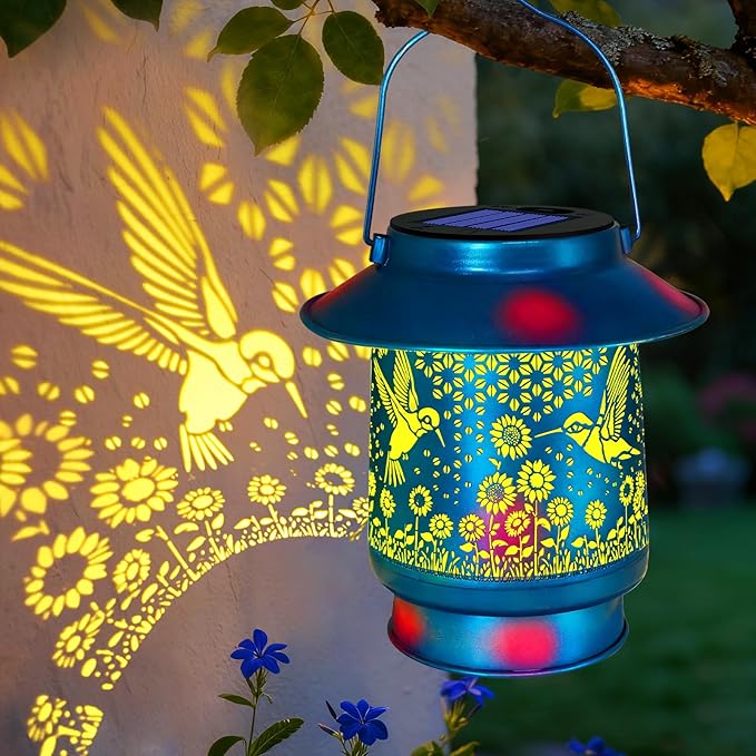 Hummingbird Solar Lanterns Outdoor Waterproof Brim Garden Decor Birthday Gifts for Women Mom GrandmaBlue Spray Paint Metal Hanging Solar Lights Outside Decorative for Yard Patio Backyard