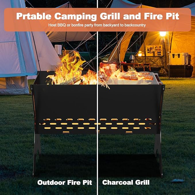 Camping Campfire Grill 16Lx12D Portable Folding Charcoal Grills Backpacking BBQ Grill with Carry Bag Outdoor Fire pit for Camping Picnic Bonfire Patio Backyard