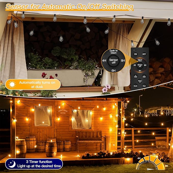 Ollny S11 Outdoor String Lights with Remote 30 FT 3 Modes Dimmable Timers Waterproof Connectable Patio Lights 15+1 LED Spare Bulb Dusk to Dawn Hanging Light for Indoor Porch Balcony Cafe (Pack of 2)