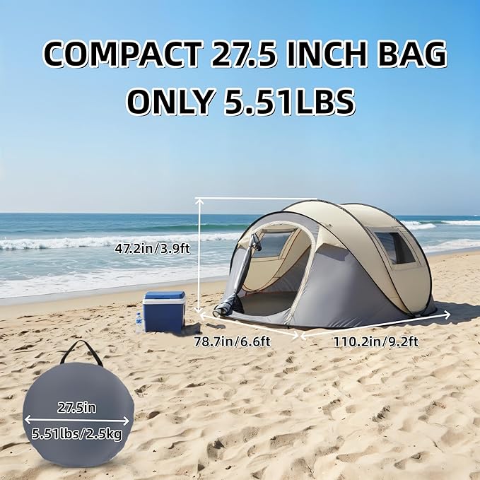 4 Person Pop Up Tent Instant Setup 10 Seconds Lightweight Family Camping Tent with Ventilation Spacious 9.2x6.6ft for Outdoor Beach Backyard Hiking