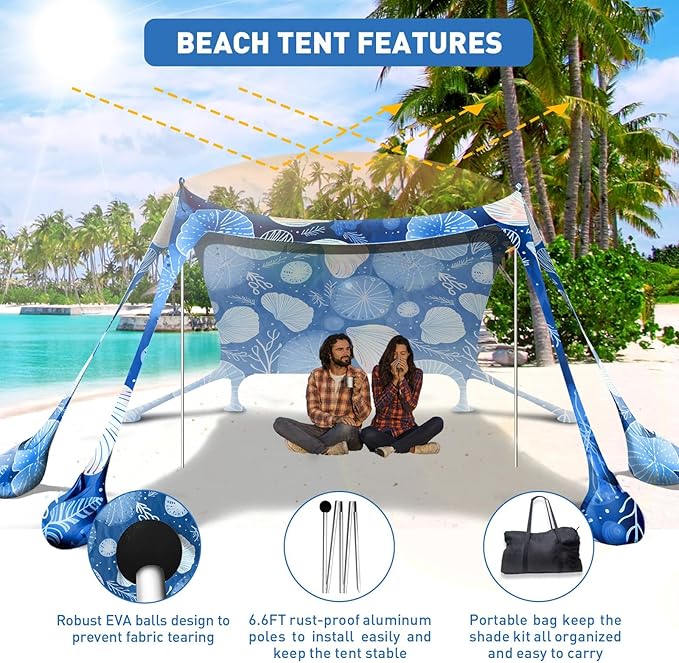 Beach Tent Sun Shelter 10x10ft Beach Canopy Easy Pop Up Sun Shade Portable UPF50+ with 8 Sandbags-2 Sand Shovel-4 Aluminum Poles-Ground Pegs for Outdoor Family Camping Fishing Backyard Picnic