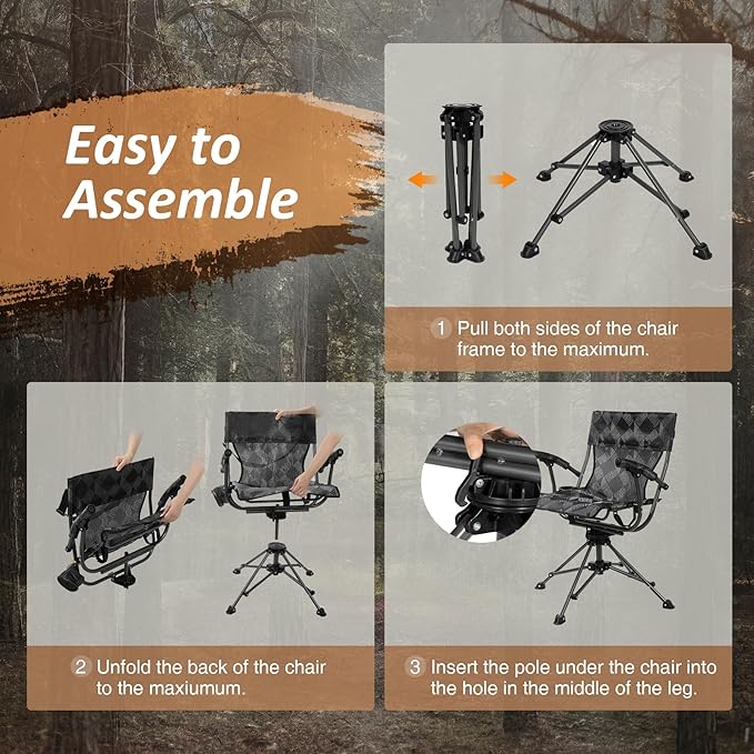 REDCAMP 360° Swivel Hunting Chairs for Ground Blinds Portable Folding Camping Chairs for Adults Hunting Seats with Hard Arms for Fishing Camping Black