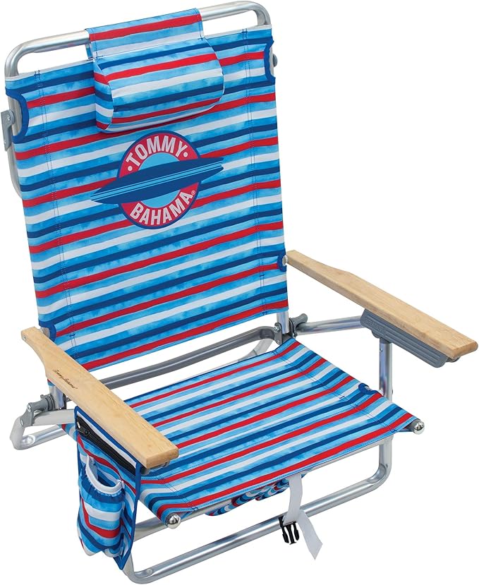 Tommy Bahama 5-Position Classic Lay Flat Folding Backpack Beach Chair Aluminum Red White and Blue Stripe