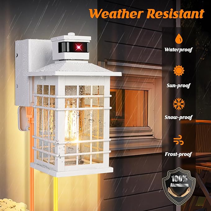 Porch Light with GFCI Outlets Built-in Motion Sensor Dusk to Dawn Outdoor Light Fixture Wall Lantern Aluminum Anti-rust Outside Wall Sconce Front Door White Exterior Wall Light for Patio Garage