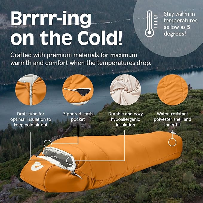 Retrospec Dream Mummy Sleeping Bag - 5 15 &amp 30°F Cold Weather Camping &amp Travel Essential Gear with Water - Resistant Shell &amp Synthetic Fill - Zippered Pocket &amp Stuff Sack
