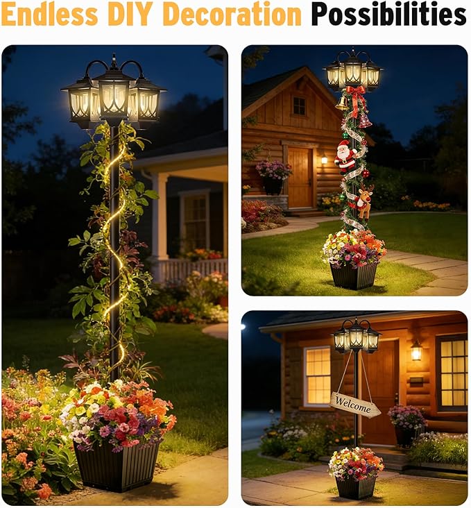 3-Head Solar Lamp Post with Planter 74 Solar Light Flower Pot Lamp Post 60Lm Waterproof Solar Light Poles for Outside Garden Patio Yard Driveway Replaceable Bulb Warm White (3000K)