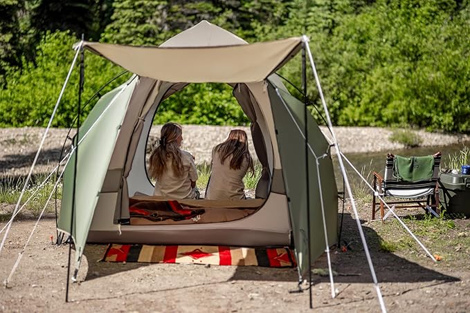 DOD The 1Pull Dome Tent - 3 Person Instant Setup Camping Tent - Waterproof Pop Up Dome Tent with Large Footprint Awning and Front Storage Chamber - Tan