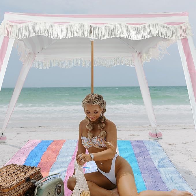 AMMSUN Beach Cabana with Beach Blanket 6.5' x 6.5' Boho Canopy with Tassels Premium Wood Pole Fringe Cabana Tent with Sand Pockets Instant Sun Shade for Sand Garden Outdoor Rose Pink Stripes