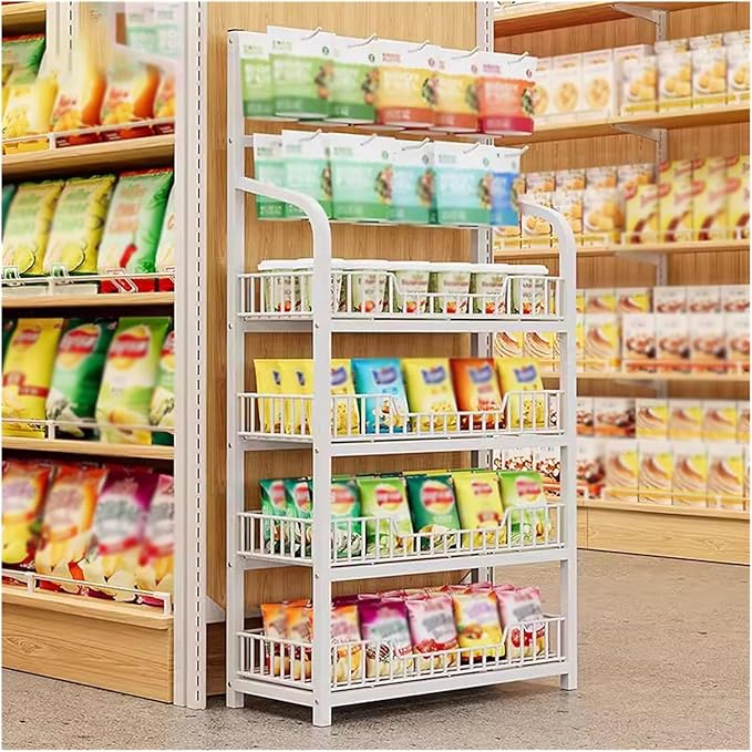 4/5 Tier Retail Display Shelves Metal White Black Supermarket Snacks Candy Storage Stand with Hooks Large Snack Organizer Pantry Kitchen Home Theater MovieWhite4 Tier50x27x146cm