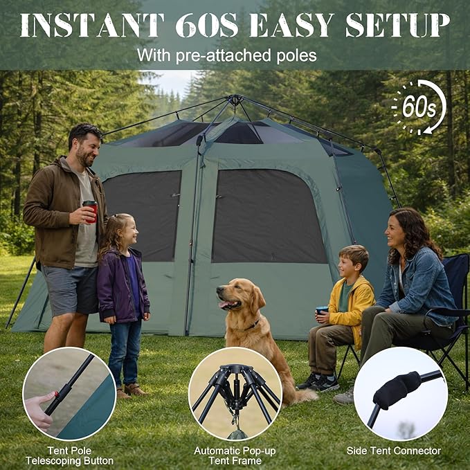 Instant 6-8 Person Camping Tent with Porch Large Family Cabin Tent with 2 Rooms Tall &amp Spacious 60s Easy Setup Waterproof Glamping Tent Big Tents for Outdoor Camping Hiking Backyard