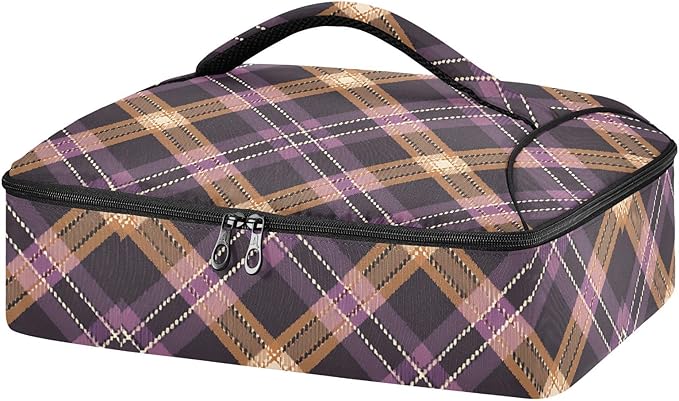 Casserole Carrier Purple Brown Tartan Plaid Pattern Insulated Casserole Carrier for Hot or Cold Food Thermal Lunch Tote for Parties Picnic Travel Carry Bag