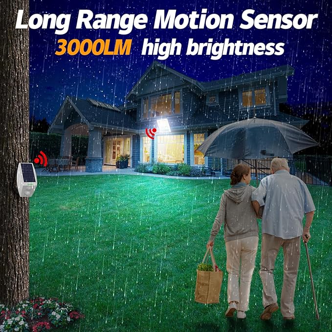 intelamp Solar Flood Lights Outdoor Waterproof Linkable 12000mAh 3000LM Motion Sensor Floodlight with Remote Control Sensor Case 16.4Ft Cable Dusk to Dawn Lighting Lamp for Street Outside House