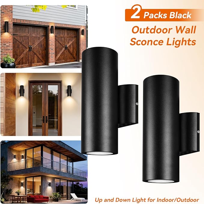JO.KO Up Down Lights Outdoor Cylinder Wall Lights 10.24 2 Pack 2700K Warm White Porch Light in 2 Lights Matte Black Waterproof Wall Sconce Aluminum Exterior Light Fixture Wall Mount