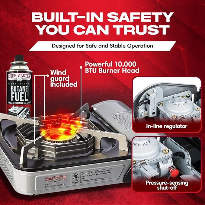 Chef-Master 90011 Butane Countertop Stove 10 000 BTU Portable with Carry Case High Performance Piezo Ignition Brass Burner Safety Stop