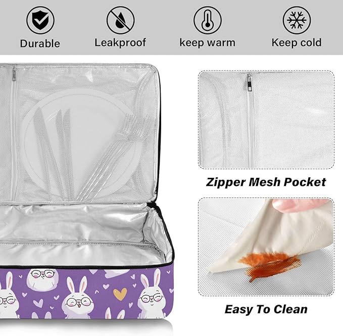 Casserole Carrier Purple Rabbit PatternInsulated Casserole Carrier for Hot or Cold Food Thermal Lunch Tote for Potluck Parties Picnic Beach Fits 9 x 13 Inches Baking Dish