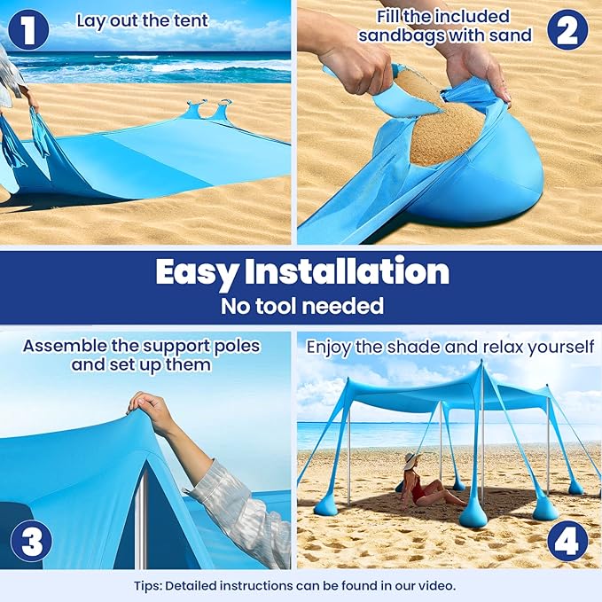 Rhino Valley Beach Tent Shade Canopy UPF50+ Protection 8 Sandbags 4 Stability Poles Outdoor Sun Shelter Umbrella for Sand Camping Fishing Essentials