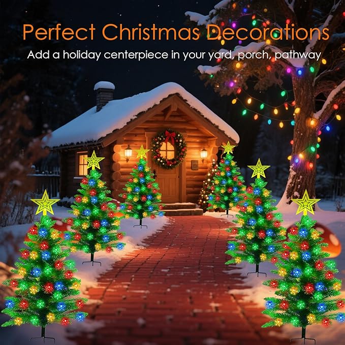 2 Pack 3.6Ft Solar Christmas Tree with 100 Snowflake Lights Waterproof Christmas Decorations Outdoor Solar Christmas Lights Outdoor Xmas Tree for Yard Pathway Porch Cemetery Holiday Decor