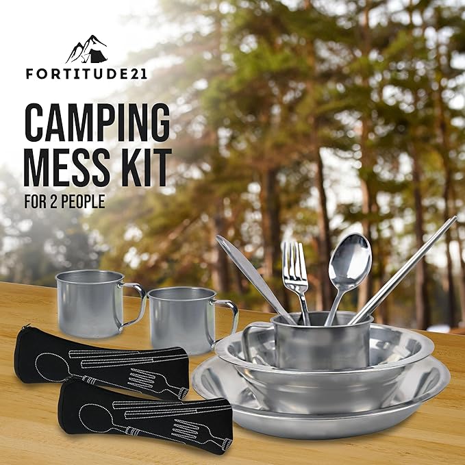 Stainless Steel Camping Mess Kit - Person's Complete Picnic &amp Camp Dish Set Includes Plate Bowl Cup &amp Utensils