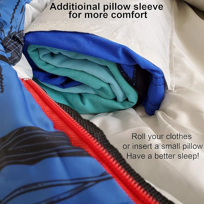 KidzAdventure Mummy Style 32 – 59F Kids Sleeping Bag with Pillow Sleeve 4 Season Lightweight and Backpacking Style Ideal for Camping Sleepover Boys Girls Youth and Toddlers