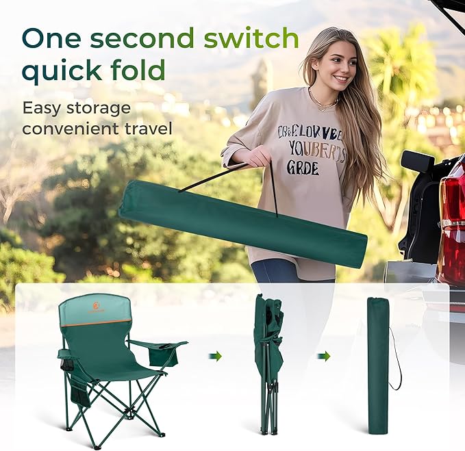 ALPHA CAMP Folding Camping Chairs for Adults Lawn Chairs Outdoor Chairs Support 250 LBS Portable Camp Chairs with Cup Holders Cooler Pouch for Outdoor 2 Pack