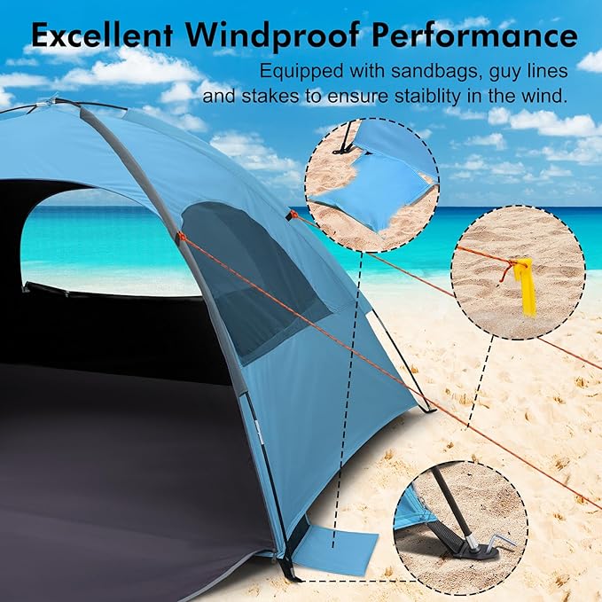 WhiteFang Beach Tent Anti-UV Portable Sun Shade Shelter for 3/4/6/8 Person Extendable Floor with 3 Ventilating Mesh Windows Plus Carrying Bag Stakes and Guy Lines