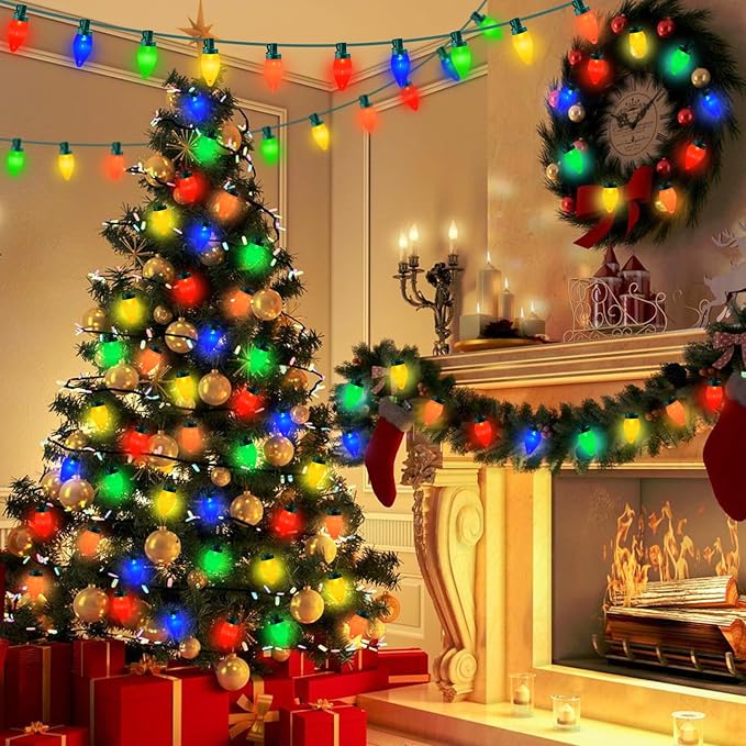 26.4Ft - 50 LED Bulbs Multicolor C7 LED Christmas Lights Outdoor Big Bulb Colored Christmas Tree Lights Plug in Colorful C7 String Lights for Multicolored Indoor Outdoor Xmas Decorations 0.6W = 7W