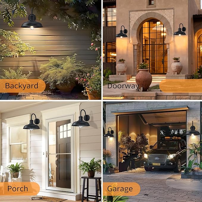 12'' Diameter Large Dusk to Dawn Outdoor Gooseneck Barn Light 2-Pack Outdoor Wall Sconce Farmhouse Exterior Light Wall Lighting Fixture Industrial Black Wall Lantern for Porch Garage Black