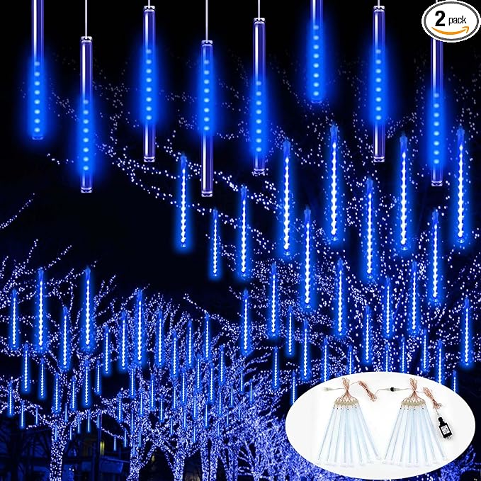 2 Pack Extendable Christmas Lights Decorations Outdoor 16 Tubes 384 LEDs Meteor Shower Lights with Timer Cascading Falling Raindrop String Light Plug in for Holiday Graden Yard Tree Xmas Decor (Blue)