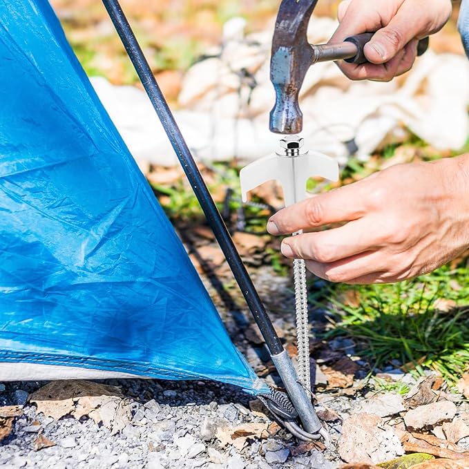 QWORK 8 Heavy Duty Screw in Tent Stakes Set - 20 Pack Tent Pegs Camping Stakes with Screwdriver | Glow in The Dark