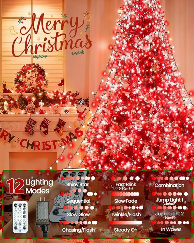 2025 New Christmas Tree Lights Indoor with Voice Control &amp Remote | 448LED Waterfall Tree Topper Lights with 12 Modes &amp Timer 7FT x 16 Lines Cascading Twinkle Lights for 7FT Xmas Decor(Red Wh