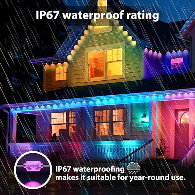Permanent Outdoor Lights 100ft RGB+IC with 72 Smart AI Eave Lights with Remote APP Control DIY LED Color Individual Christmas Outdoor Light Party Compatible with Alexa Google Assistant