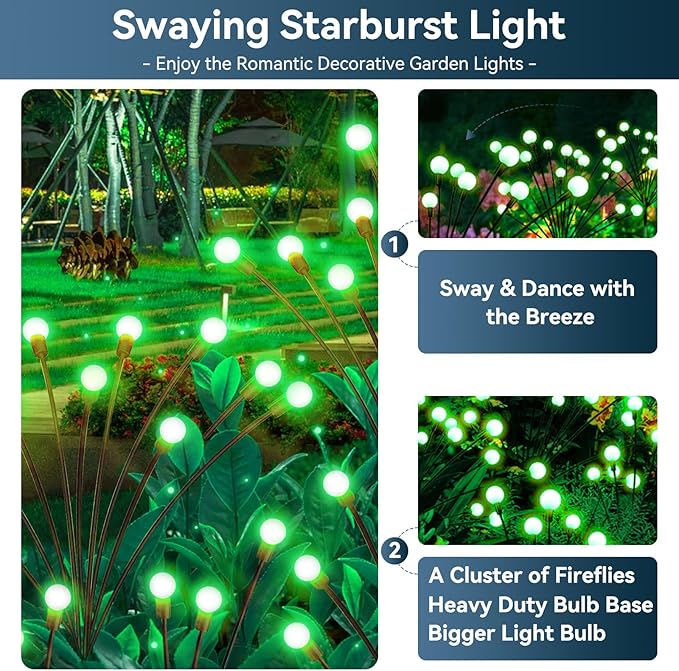 Solar Garden Lights Outdoor Waterproof 4 Pack 32 LED Swaying Light Firefly Light Outdoor Decor Lights for Garden Gifts for Pathway Party Christmas Decoration Green