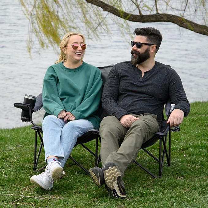 TIMBER RIDGE 2 Person Folding Loveseat Comfortable Double Foldable Camping Chair Folding Lawn chairs for Outside Grey
