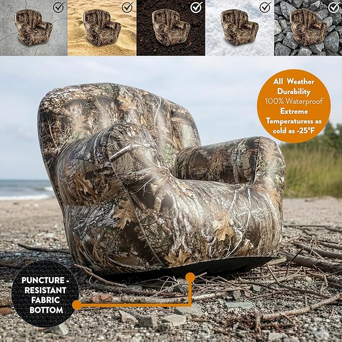 Air Candy Realtree® Camo Inflatable Outdoor Armchair – Heavy-Duty Puncture-Resistant Bottom – Ultra-Comfortable Camping Tailgating &amp Outdoor Lounge Chair – Supports 250 lbs – Portable &amp Easy