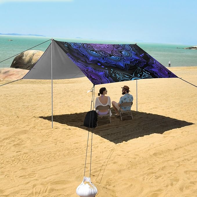ALAZA Mandala Boho Bohemian Lotus Beach Tent Sun Shelter UPF50+ Protection Beach Shade Canopy w/ 4 Sandbags for Outdoor Camping Fishing Backyard Fun Picnic 10x9 ft