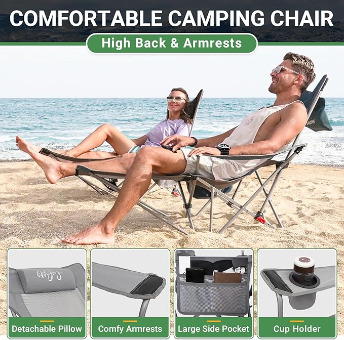 #WEJOY 2-in-1 Reclining Camping Chair Lightweight Folding Camping Chair with Adjustable Backrest &amp Footrest Camping Lounge Chair with Headrest Cup Holder Storage Bag for Beach Lawn Concert