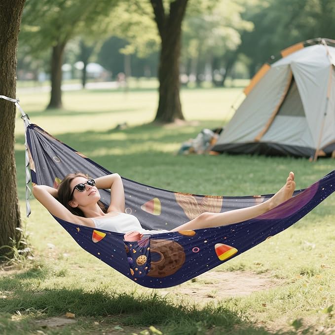 OTVEE Camping Hammock Cosmic Treat Pattern Portable Hammocks 500lb Upgraded Thickened Durable Single Hammocks with Tree Straps &amp Travel Bag for Camping Outdoor Indoor Patio Backyard