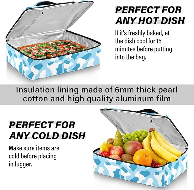 Casserole Carrier Blue and White Cow Print PatternInsulated Casserole Carrier for Hot or Cold Food Thermal Lunch Tote for Potluck Parties Picnic Beach Fits 9 x 13 Inches Baking Dish