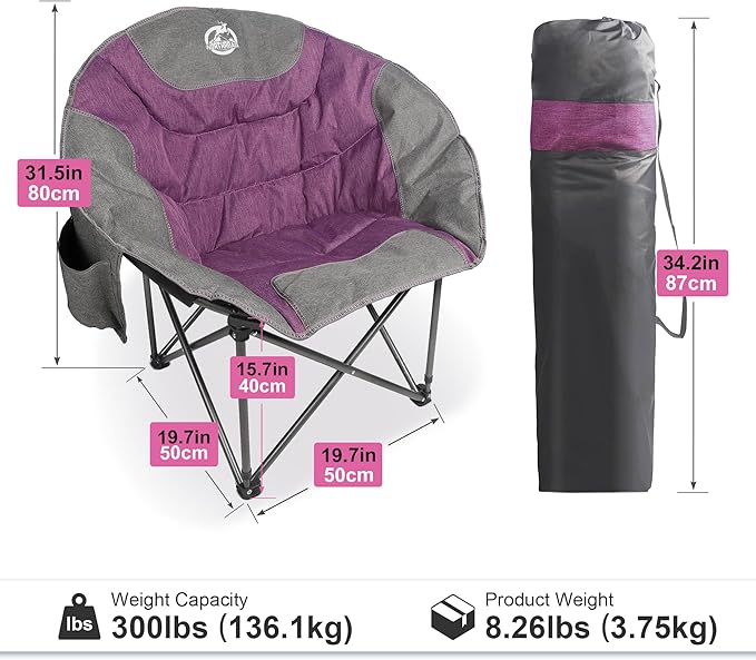 Northroad Compact Camping Moon Chair Outdoor Padded Folding Round Chair w/Cup Holder Supports up to 300 lbs for Beach Hiking Fishing Picnic LawnPurple