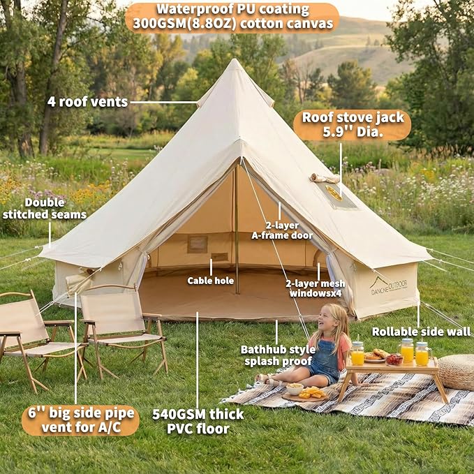 DANCHEL OUTDOOR 4 Season Canvas Yurt Tent with Large Wood Stove Heavy Duty Bell Tent with Stove Jack 4-8 Person Winter Camping Glamping 13ft/16.4ft/20ft