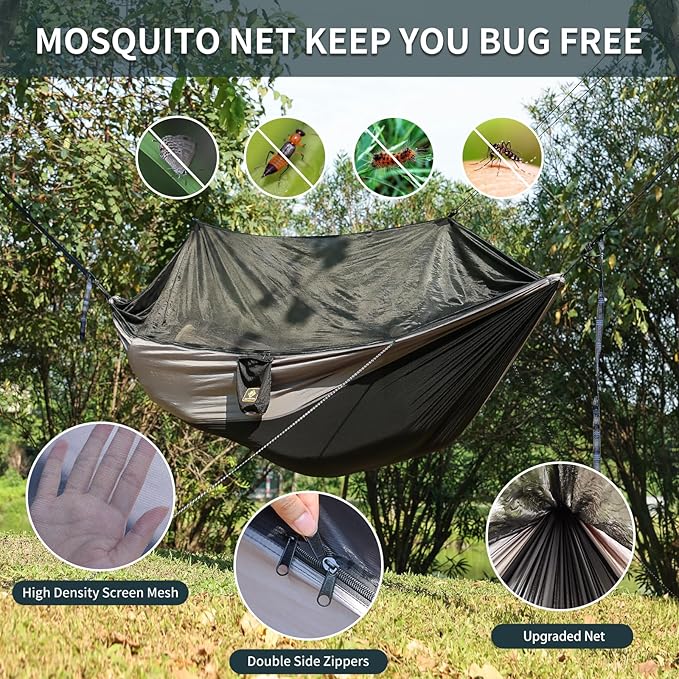 Camping Hammock with NetPortable Lightweight Double Hammocks with Tree Straps and Solid D-Shape CarabinersParachute Nylon Hammock for Backpacking Beach Backyard Patio Hiking Black&ampGrey