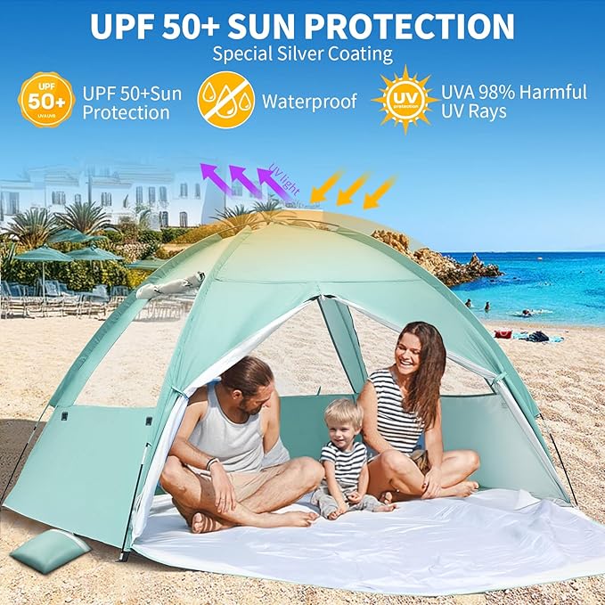 Beach Tent for 3-4 Person Large Easy Setup Beach Shade Canopy with UPF 50＋ UV Protection Portable Shade Tent with 3 Ventilating Mesh Windows for Outdoor Picnics Fishing